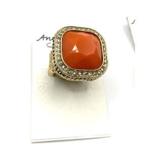 ANNA & AVA Gold Tone Orange Faceted Acrylic Stone Stretch Ring w/ Rhinestones